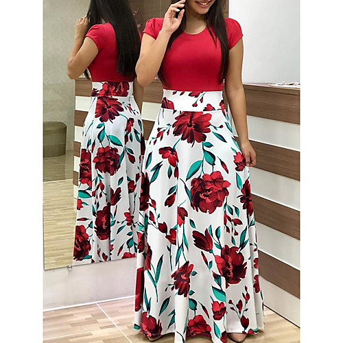 

Women's Sheath Dress Maxi long Dress Blushing Pink Green White Black Red Short Sleeve Floral Print Summer Round Neck Elegant 2021 S M L XL XXL 3XL 4XL 5XL