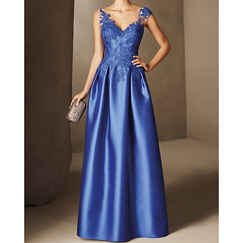 

A-Line Beautiful Back Elegant Wedding Guest Formal Evening Dress V Neck Sleeveless Floor Length Lace Satin with Appliques 2021
