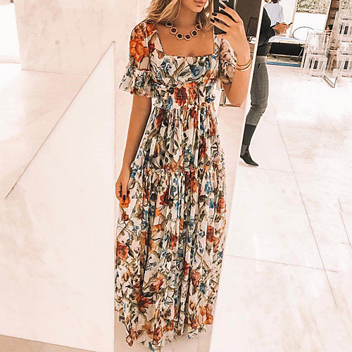 

Women's Sheath Dress Maxi long Dress Blue Yellow Beige Short Sleeve Floral Print Geometric Ruffle Print Fall Winter Square Neck Elegant Boho vacation dresses Puff Sleeve 2021 S M L XL XXL 3XL