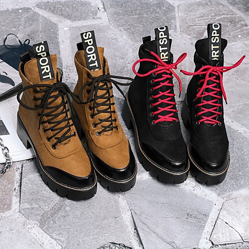 

Women's Boots Chunky Heel Round Toe Booties Ankle Boots Casual Punk & Gothic Preppy Daily Outdoor Rubber Faux Leather Lace-up Color Block Black Yellow / Booties / Ankle Boots