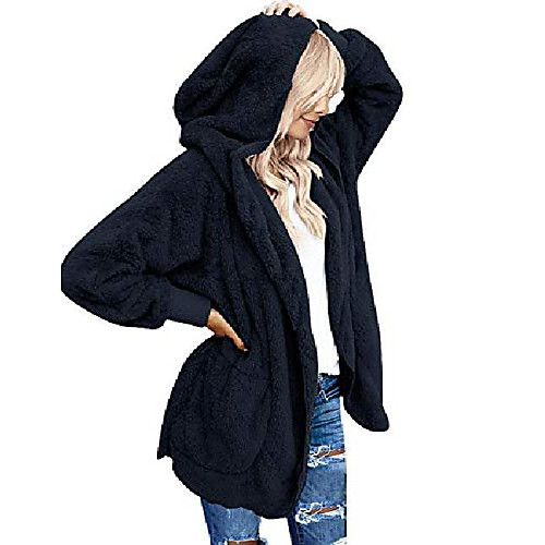 

womens loose solid winter long sleeve hooded draped pocket fleece cardigan fuzzy outerwear coat navy blue size xxl (fit us 20 - us 22)