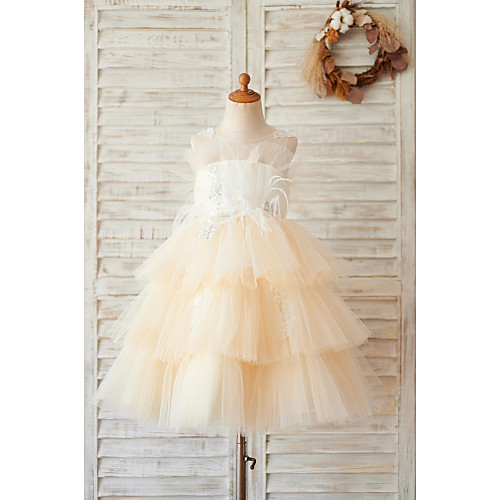 

Ball Gown Knee Length Flower Girl Dresses Wedding Tulle Sleeveless Jewel Neck with Feathers / Fur