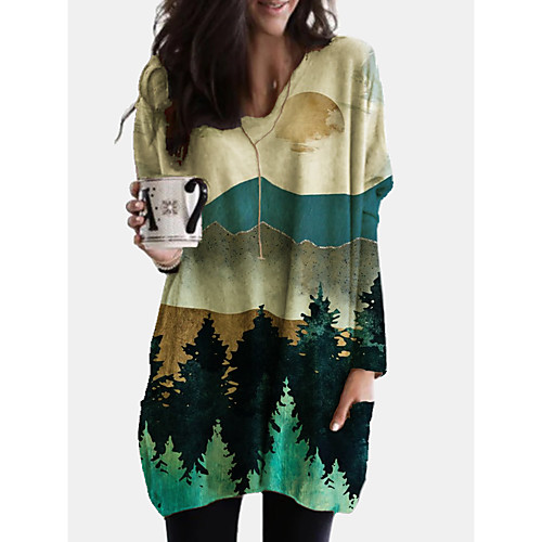 

Women's Shift Dress Short Mini Dress Green Long Sleeve Print Print Fall Winter Round Neck Casual Loose 2021 S M L XL XXL 3XL