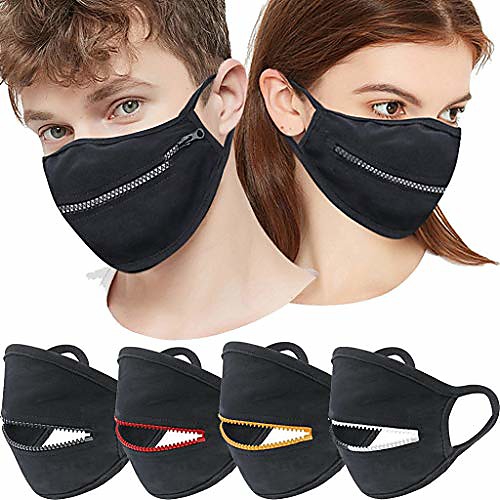 

zipper mouth covering with comfortable ear loops, unisex adult protection easy to drink outdoor protective black coverings, reusable washable uv sunscreen summer cool mouth opening guard (4pcs)