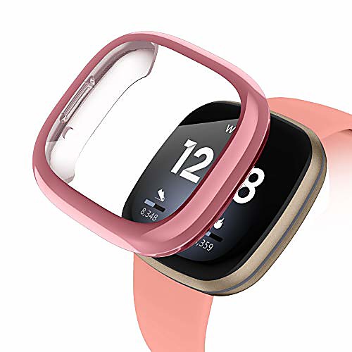 

fitbit versa 3/sense watch case with screen protector full soft tpu case bumper plated around shockproof protective case cover for fitbit versa 3/sense smartwatch (rose-pink)