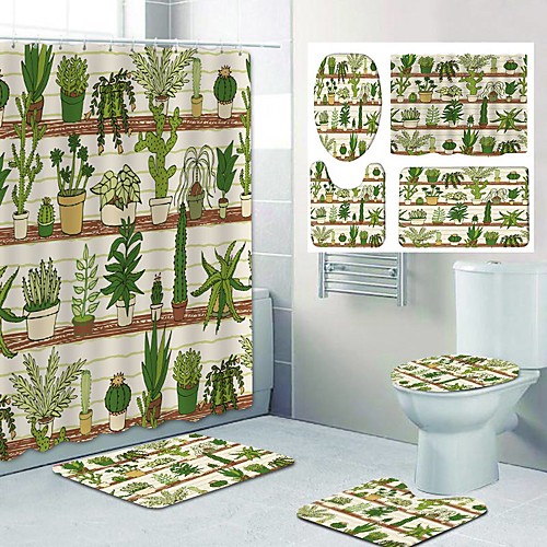 

Prickly Pear Green Plant Pattern Printing Polyester Bathroom Shower Curtain Set Include Bathtub Curtain and Mats 4pcs