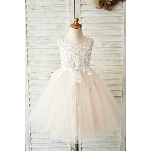 

Ball Gown Knee Length Flower Girl Dresses Wedding Lace Sleeveless Spaghetti Strap with Belt