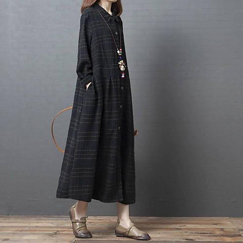 

Women's A Line Dress Midi Dress Black Long Sleeve Plaid Print Fall Spring Shirt Collar Casual Oversized Linen M L XL XXL / Cotton / Cotton