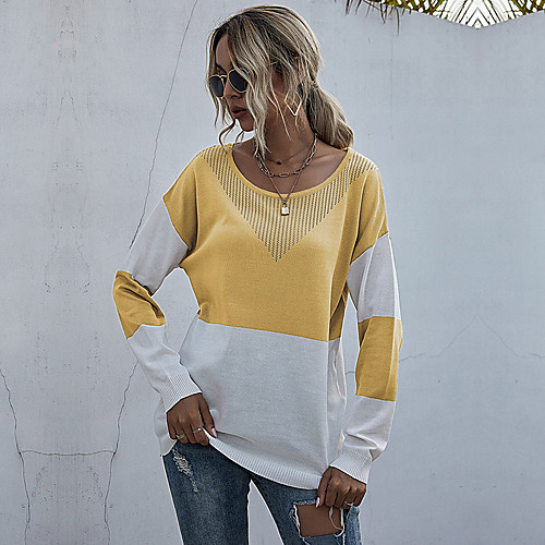 

Women's Blouse Shirt Striped Color Block Long Sleeve Round Neck Basic Tops Black Yellow Light Brown