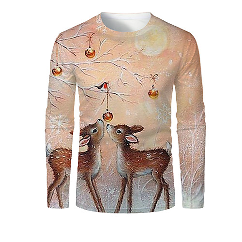 

Men's T shirt 3D Print Graphic 3D Animal Print Long Sleeve Christmas Tops Light Brown