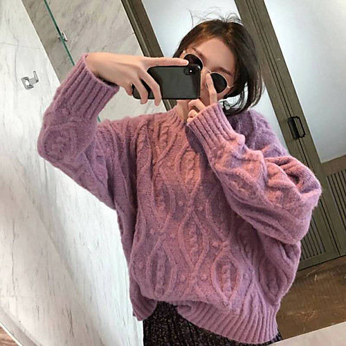 

Women's Basic Hollow Out Knitted Solid Color Plain Pullover Acrylic Fibers Long Sleeve Sweater Cardigans Crew Neck Round Neck Fall Winter Purple Blushing Pink Beige