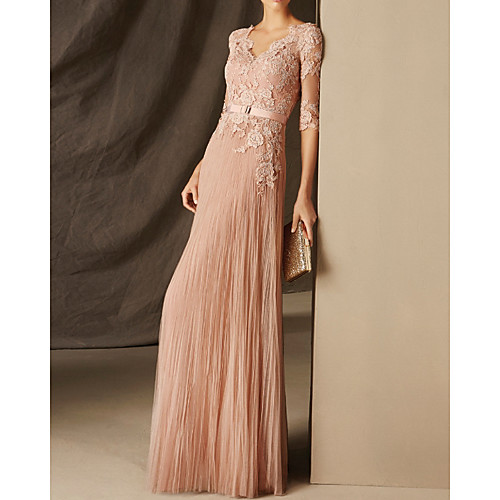 

A-Line Elegant Sexy Engagement Formal Evening Dress V Neck Half Sleeve Floor Length Chiffon with Pleats Appliques 2021