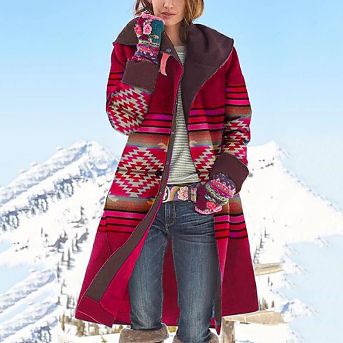 

Women's Coat Daily Fall & Winter Long Coat Loose Jacket Long Sleeve Geometric Blue Wine