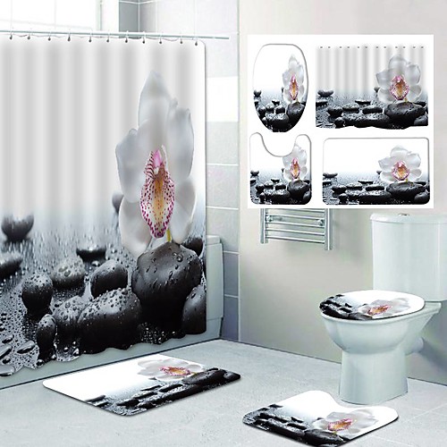 

Cobblestone and Flower Pattern Printing Bathroom Shower Curtain Set 4pcs Polyester with 12 Hooks