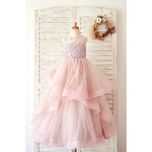 

Ball Gown Floor Length Flower Girl Dresses Wedding Lace Sleeveless Jewel Neck with Lace