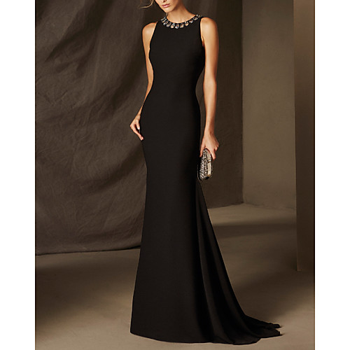 

Mermaid / Trumpet Beautiful Back Elegant Wedding Guest Formal Evening Dress Jewel Neck Sleeveless Sweep / Brush Train Satin with Crystals 2021