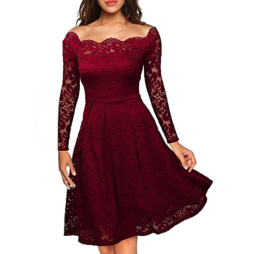 

Women's Swing Dress Knee Length Dress Purple Wine Dusty Blue White Black Long Sleeve Solid Color Lace Patchwork Fall Spring Off Shoulder Elegant Slim 2021 S M L XL XXL 3XL