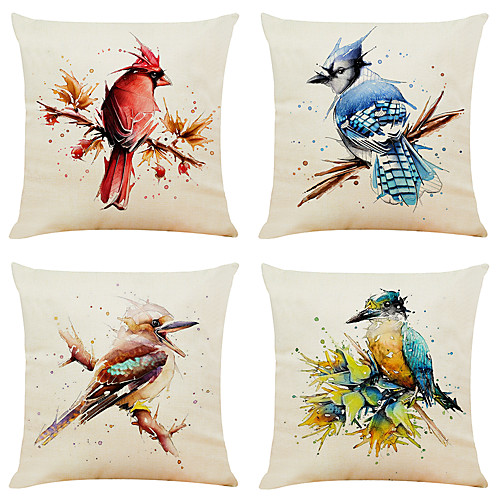 

Set of 4 Creative Watercolor Bird Faux Linen Square Decorative Throw Pillow Cases Sofa Cushion Covers 18x18