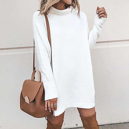 

Women's Sweater Jumper Dress Knee Length Dress Gray White Black Long Sleeve Solid Color Patchwork Fall Winter Round Neck Casual 2021 S M L XL XXL / Mini