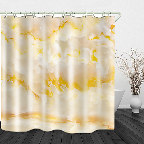 

Yellow Marbling Digital Printing Shower Curtain With Hooks Suitable For Separate Wet And Dry Zone Divide Bathroom Shower Curtain Waterproof Oil-proof Modern Polyester New Design