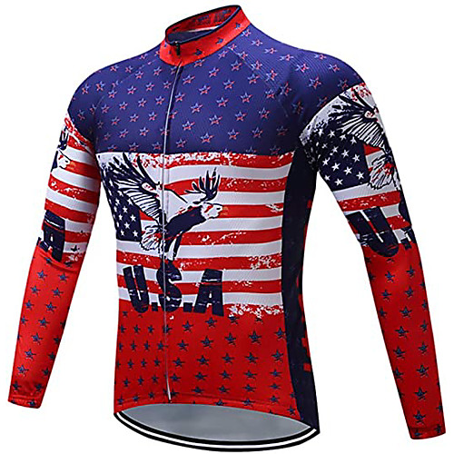 

21Grams Men's Long Sleeve Cycling Jersey Winter Polyester Red USA National Flag Bike Jersey Top Mountain Bike MTB Road Bike Cycling Warm Quick Dry Breathable Sports Clothing Apparel / Stretchy