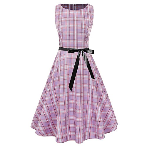 

Women's A Line Dress Midi Dress Purple Green Black Red Sleeveless Plaid Lace up Print Summer Round Neck Vintage Christmas 2021 S M L XL XXL