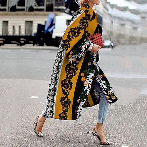 

Women's Coat Daily Fall & Winter Long Coat Loose Jacket Long Sleeve Color Block Patchwork Blue Purple / Print