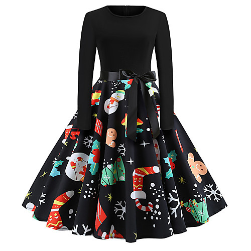 

Women's Swing Dress Knee Length Dress Black Long Sleeve Print Bow Print Fall Round Neck Vintage Christmas 2021 S M L XL XXL / Cotton / Cotton