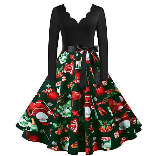 

Women's Swing Dress Midi Dress Blushing Pink Light Brown Khaki Green White Red Light Green Long Sleeve Print Lace up Print Fall V Neck Casual Christmas 2021 S M L XL XXL 3XL
