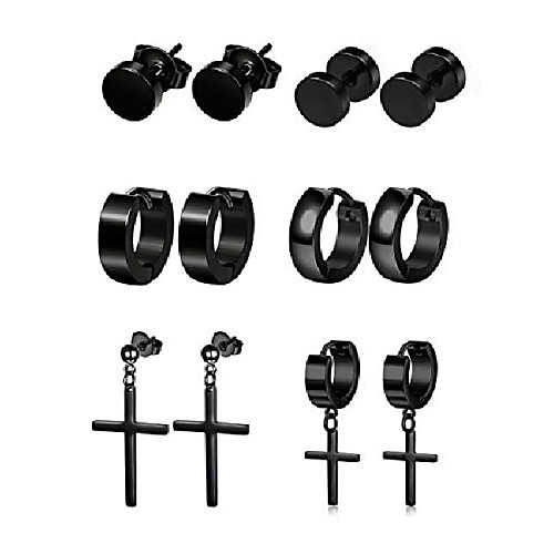 

6 pairs stainless steel stud earrings for women mens black stud hoop huggie cross earrings punk style goth earrings set