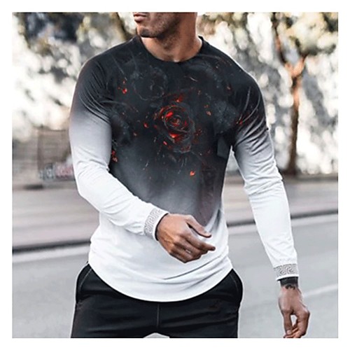 

Men's T shirt Other Prints Floral Long Sleeve Daily Tops Basic Gray / White