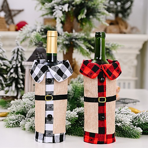 

2pcs Christmas Decorations Linen Bells Lapel Wine Bottle Cover Black And White Lattice Wine Cover Red Wine Cover