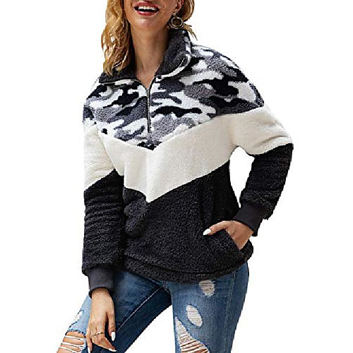 

women's oversized fleece sherpa sweatshirt pullover half zip color block fuzzy sweatshirt grey,m