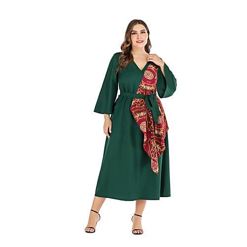 

Women's A Line Dress Midi Dress Yellow Green Long Sleeve Solid Color Patchwork Summer V Neck Elegant 2021 L XL XXL 3XL 4XL / Plus Size