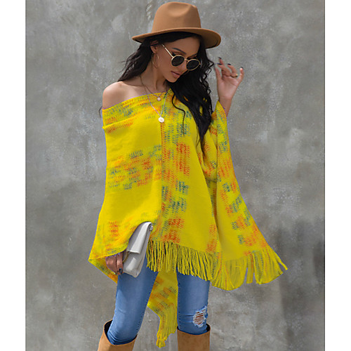 

Women's Cloak / Capes Daily Spring & Fall Long Coat Loose Basic Jacket Long Sleeve Print Print Yellow / Going out