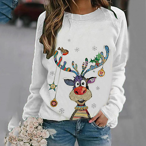 

Women's Pullover Sweatshirt Print Reindeer Christmas Daily Basic Christmas Hoodies Sweatshirts White