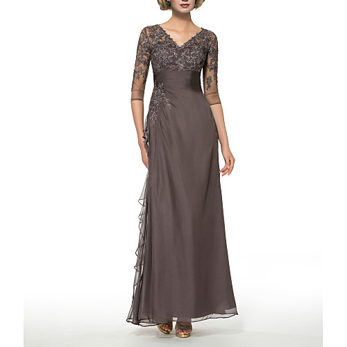 

Sheath / Column Mother of the Bride Dress Elegant V Neck Floor Length Chiffon Lace Half Sleeve with Draping Appliques 2021