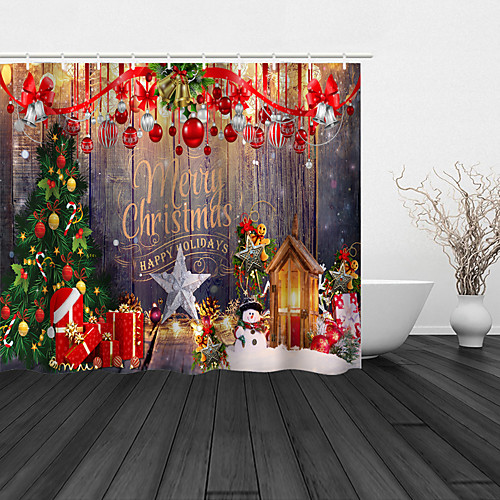 

Bathroom Shower Curtain And Hook Rainbow Classic Polyester Cute Christmas Interior Bathroom Decorations Christmas Tree Christmas Ball Wood Board Lantern