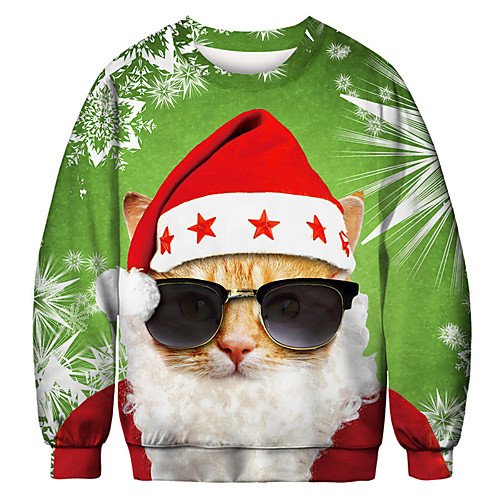 

Men's Pullover Sweatshirt Cat Graphic Ugly Christmas Round Neck Party Daily 3D Print Party Christmas Hoodies Sweatshirts Long Sleeve Light Green