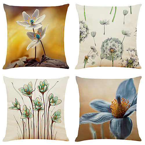 

Set of 4 Art Flower Faux Linen Square Decorative Throw Pillow Cases Sofa Cushion Covers 18x18