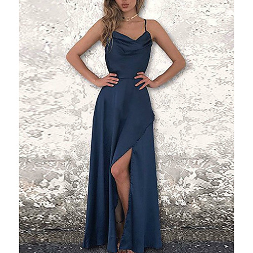 

Sheath / Column Beautiful Back Minimalist Prom Formal Evening Dress Spaghetti Strap Sleeveless Floor Length Satin with Sleek Split 2021
