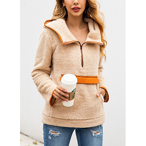 

Women's Hoodie Teddy Coat Solid Color Quarter Zip Daily Casual Hoodies Sweatshirts Blushing Pink Light gray Beige