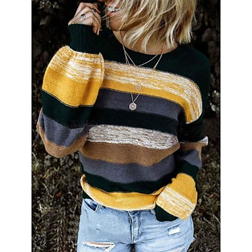 

Women's Basic Stripe Knitted Striped Pullover Long Sleeve Sweater Cardigans Crew Neck Round Neck Fall Winter Black Blue Purple