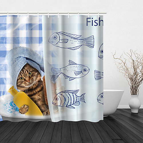 

Shower Curtain With Hooks Suitable For Separate Wet And Dry Zone Divide Bathroom Shower Curtain Waterproof Oil-proof Polyester Cute Cat Pattern Classic Bathtub Curtain 1pc