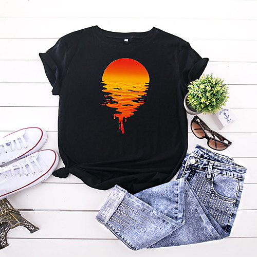 

Women's T shirt Scenery Print Round Neck Tops 100% Cotton Basic Basic Top White Black Yellow
