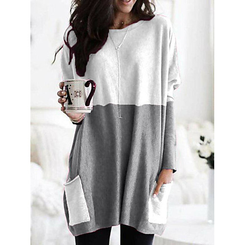 

Women's Plus Size Blouse Shirt Color Block Long Sleeve Pocket Round Neck Basic Tops Blue Red Khaki