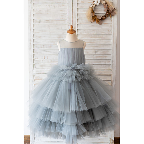 

Ball Gown Knee Length Flower Girl Dresses Wedding Tulle Sleeveless Jewel Neck with Tier