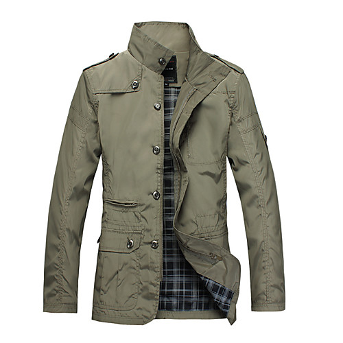 

Men's Trench Coat Daily Fall & Winter Regular Coat Stand Collar Regular Fit Basic Jacket Long Sleeve Solid Colored Patchwork Khaki Black