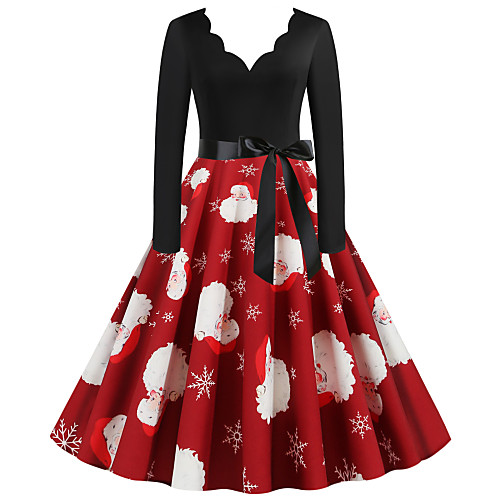 

Women's Swing Dress Midi Dress Wine Green Dusty Blue White Black Red Light Green Long Sleeve Print Lace up Print Fall V Neck Casual Christmas 2021 S M L XL XXL 3XL