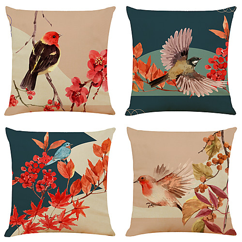

Set of 4 Artistic flowers and Birds Faux Linen Square Decorative Throw Pillow Cases Sofa Cushion Covers 18x18